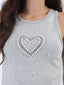 Top a costine con applicazione cuore perline e strass