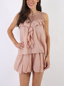 Top in macramé e cotone con volant