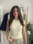 Top misto viscosa a costine con collo gioiello