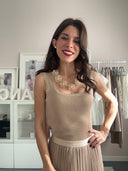 Top oro rosa con scollo rotondo lavorato