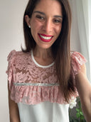 T-shirt con pizzo rosa e paillettes