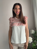 T-shirt con pizzo rosa e paillettes