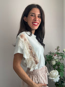 T-shirt con pizzo e baguette oro rosa