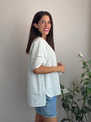 Blusa in viscosa e lino con inserti in pizzo