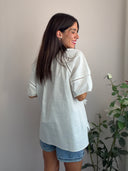 Blusa in viscosa e lino con inserti in pizzo