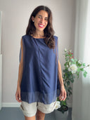 Blusa in tencel blu con spacchi