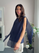 Blusa in tencel blu con spacchi