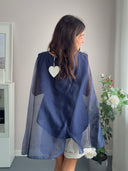 Blusa in tencel blu con spacchi