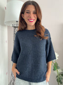 Maglione blu misto viscosa e lana con micro paillettes