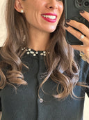 Cardigan manica corta con collo gioiello strass