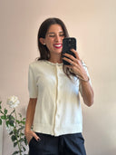 Cardigan manica corta con collo gioiello strass