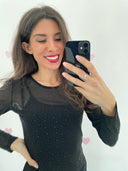 Maglia semitrasparente con strass neri