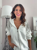 Felpa bianca in cotone con maxi strass