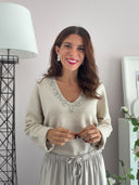 Maglioncino misto lana merino con scollo a V gioiello